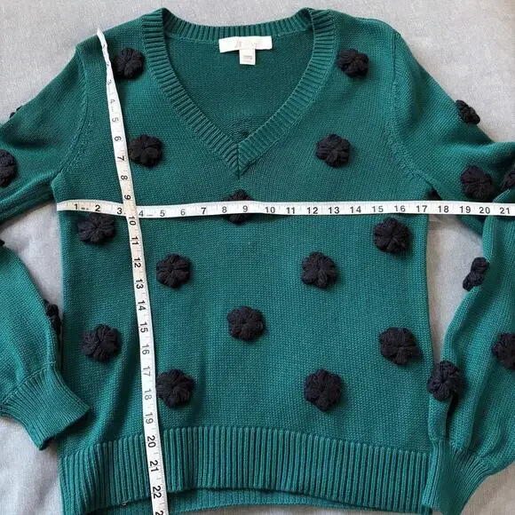 Lilly Pulitzer Green Sweater XS Pom Appliqué 3D Knit Holiday Winter skandigirl